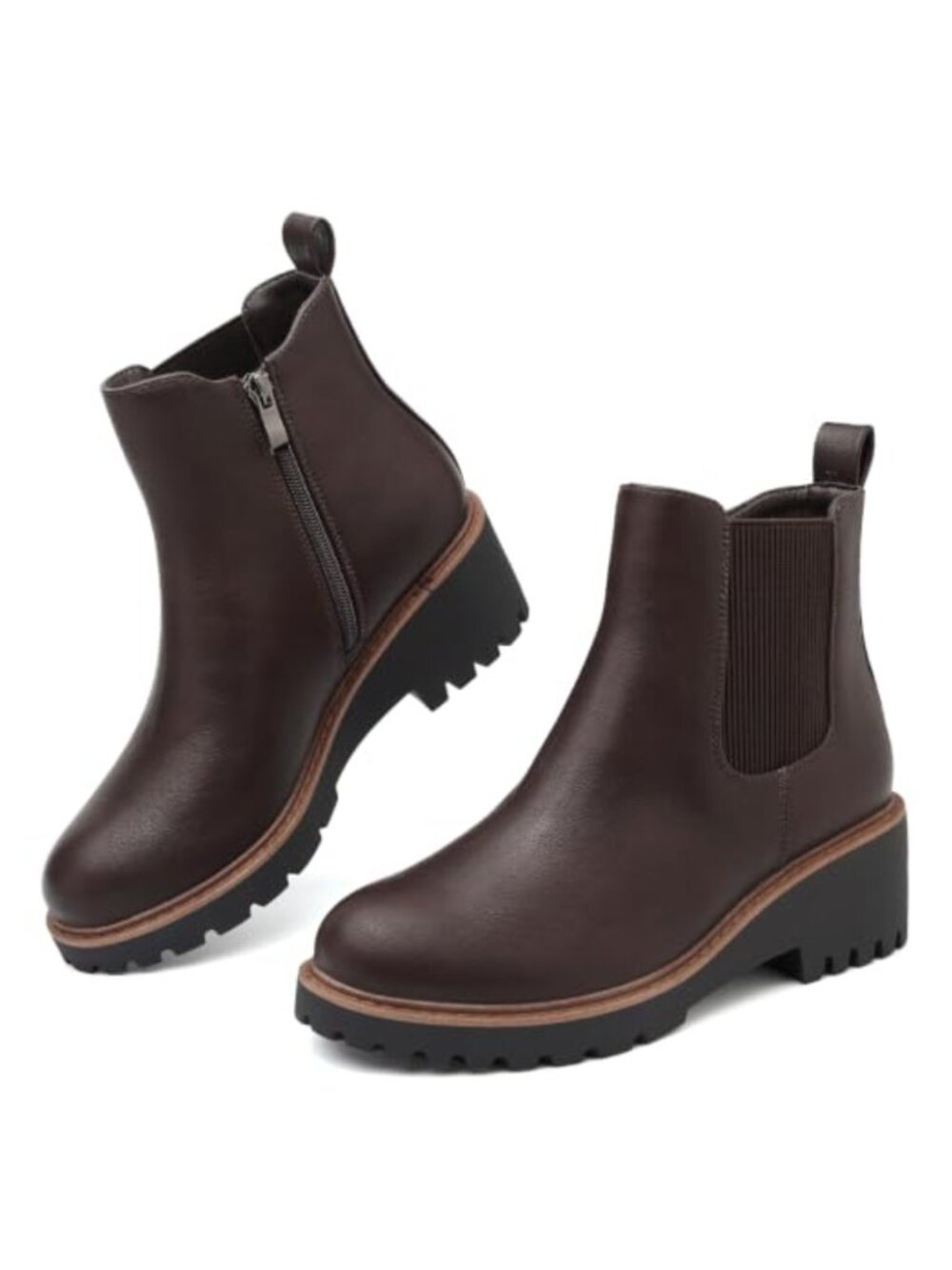 Womens Platform Chelsea Ankle Boots Faux Leather Lug Sole Slip On Booties